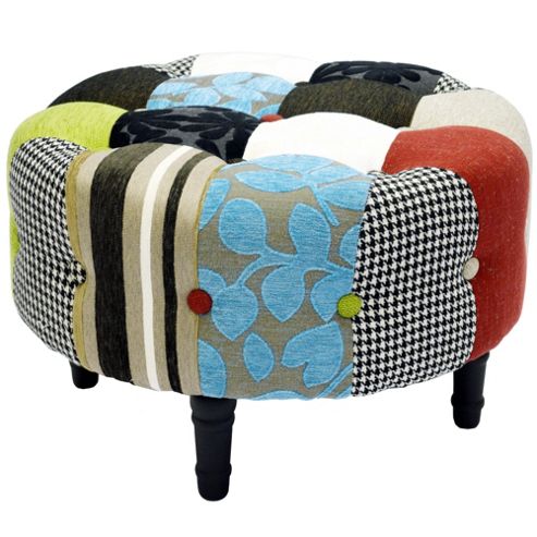 Image of Plush Patchwork - Round Pouffe Footstool With Wood Legs - Blue / Green / Red