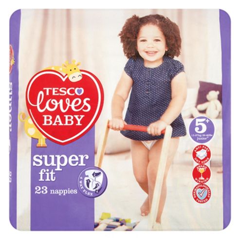 Image of Tesco Loves Baby Super Fit Nappies - Size 5+ - Junior, 23 Nappies