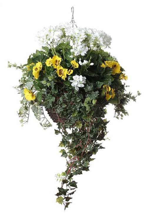 Image of Artificial Yellow Pansy, White Geranium And Mixed Ivy Display In A 14" Round Willow Hanging Basket