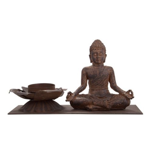 Image of Buddha With Flower Bronzed Metal Tealight Holder - Buddha On Right