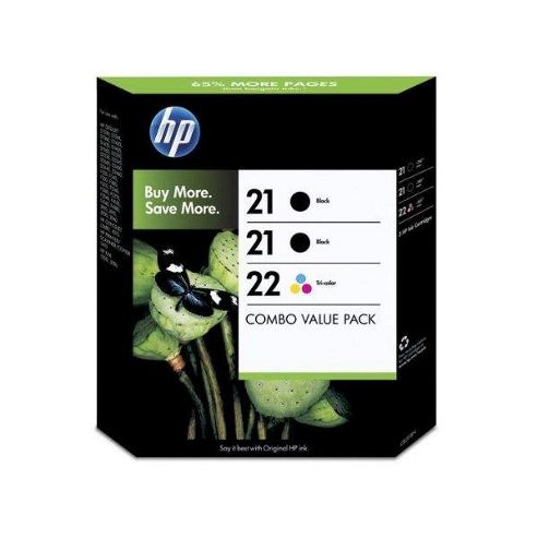 Image of Hp Tri-combo Pack Containing 2 X Hp 21 Black Inkjet Print Cartridge + 1 X Hp 22 Tri-colour Inkjet Print Cartridge
