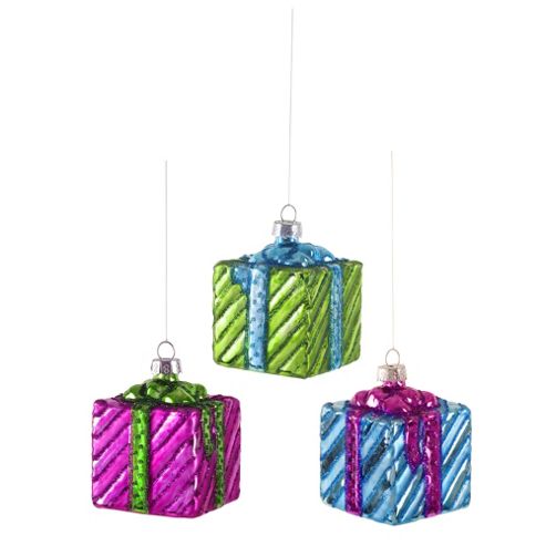 Image of Set Of Three Large Glass Present Themed Christmas Baubles