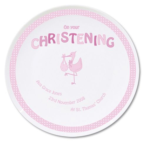 Image of Personalised Stork Baby Girl Pink Christening Plate