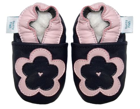 Image of Dotty Fish Soft Leather Baby Shoe - Navy And Pink Flower - Navy