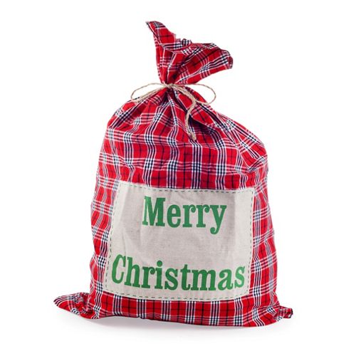 Image of Large Tartan Fabric Christmas Sack Gift Bag With 'merry Christmas' Text
