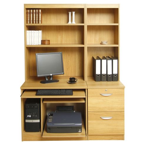 Image of Enduro Home Office Desk / Workstation With Pedestal, Printer / Cpu Storage And Inbuilt Bookshelves - Teak