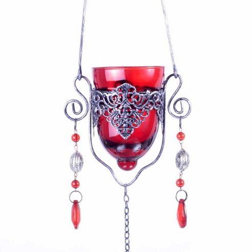 Image of Single Hanging Home Or Garden Red Glass Tealight Holder