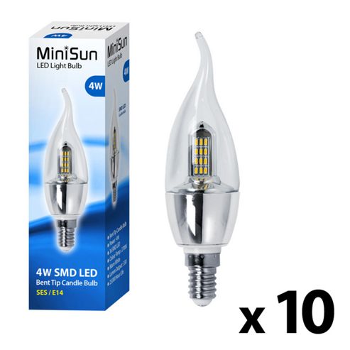 Image of Pack Of Ten Minisun Ses E14 4w Smd Led Bent Tip Candle Bulbs Warm White