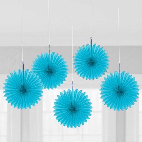 Image of Solid Colour Decorations Blue Hanging Fan Decorations (5pk)