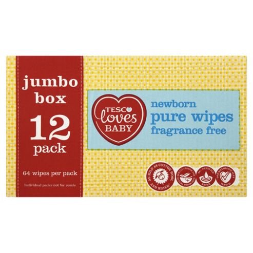 Image of Tesco Loves Babypure F/f Wipes Jumbo Box 12x64