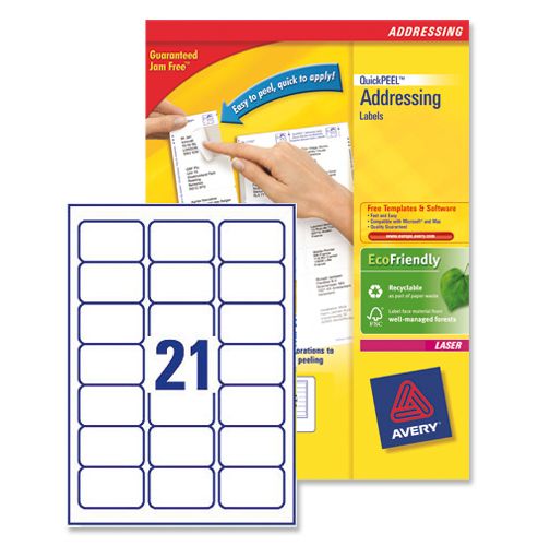 Image of Avery Addressing Labels Laser Jam-free 21 Per Sheet 63.5x38.1mm White Ref L7160-100 [2100 Labels]