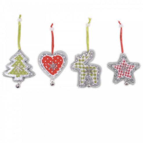 Image of Four Hanging Metal Tree Decorations With Snowflake & Checked Fabric Detail