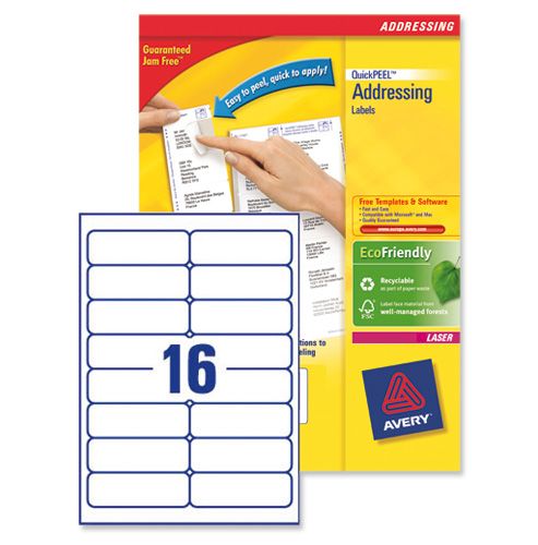 Image of Avery Addressing Labels Laser Jam-free 16 Per Sheet 99.1x33.9mm White Ref L7162-100 [1600 Labels]