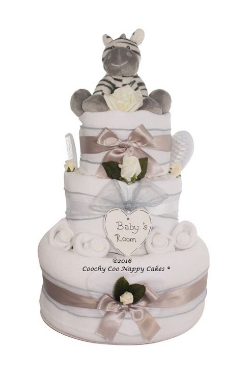 Image of Luxury Baby Gift Unisex Zebra Nappy Cake (three Tier)