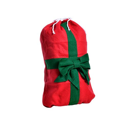 Image of Small Red Drawstring Felt Christmas Sack Gift Bag With Green Bow