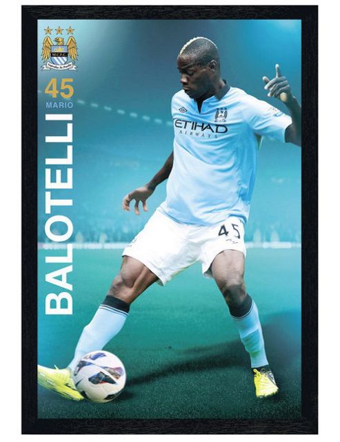 Image of Manchester City Football Club Black Wooden Framed Mario Balotelli Mcfc Poster