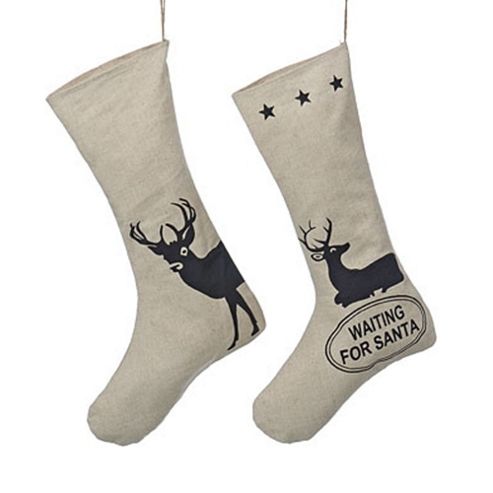 Image of Set Of Two Natural Linen Christmas Stockings With Stag Designs