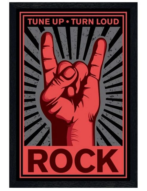 Image of Rock Hand Black Wooden Framed Tune Up, Turn Loud Poster