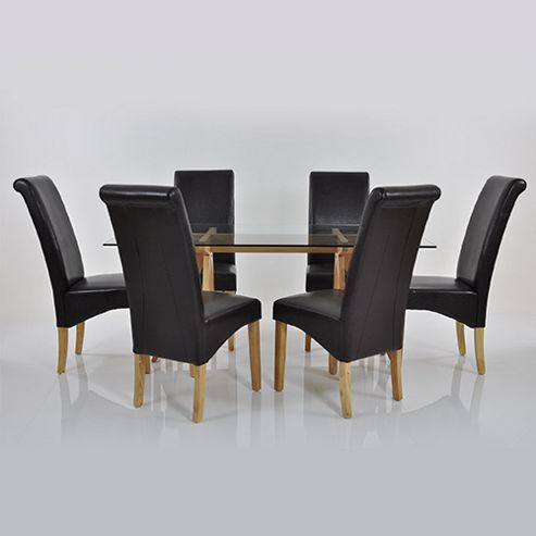 Image of Atlantico Long Glass Dining Table Set With 6 Black Chelsea Chairs