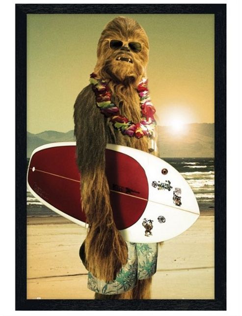 Image of Black Wooden Framed Star Wars Surf Dude Chewie Poster