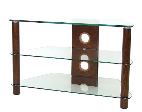 Image of 3 Shelf Tv Stand With Clear Glass And Dark Wood Legs
