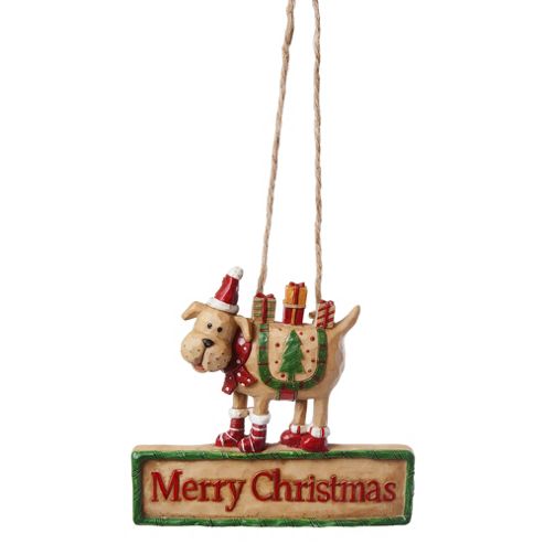 Image of Hanging 'merry Christmas' Festive Dog Sign Decoration With Presents