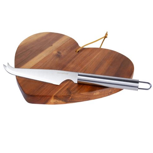 Image of Occasion Acacia Heart Shaped Cheese Board With Stainless Steel Cheese Knife
