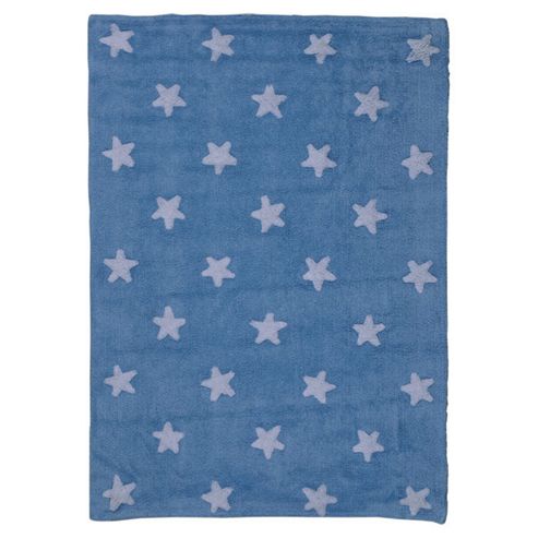 Image of Lorena Canals Blue Stars White Children's Rug - 120 Cm W X 160 Cm D (3 Ft 11 In X 5 Ft 3 In)