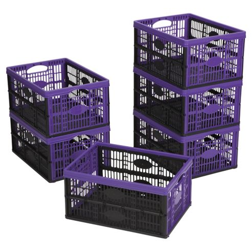 Image of Tesco 32l Plastic Folding Crate, Pack Of 6, Black/purple