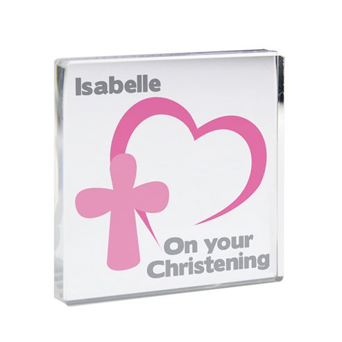Image of Personalised Pink Heart Cross Small Crystal Christening Token