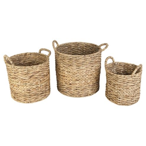 Image of Water Hyacinth Set Of 3 Twist Weave Baskets With Handles