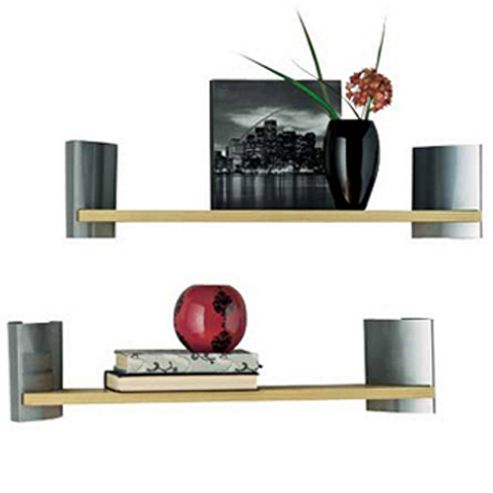 Image of Arc - Metal Bracket Wall Shelves - Set Of Two - Beech / Silver