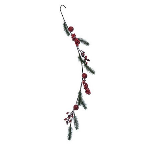 Image of Artificial Red Berry Christmas Garland Decoration With Fir Tree Branch & Red Apple