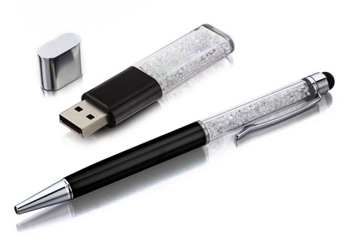 Image of Shimla Unisex Ballpoint Pen And Usb Gift Set With Clear Cz Stones Sh-usb-01