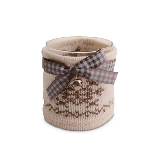 Image of Large Glass Christmas Tealight Holder With Cream Coloured Knitted Cosy