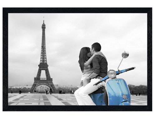 Image of Romance In Paris Black Wooden Framed Scooter Love Poster