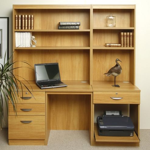 Image of Enduro Home Office Desk / Workstation With Pedestal, Printer Storage And Inbuilt Bookshelves - Teak