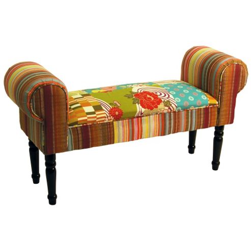 Image of Patchwork - Shabby Chic Chaise Pouffe Stool /wood Legs - Multi-coloured
