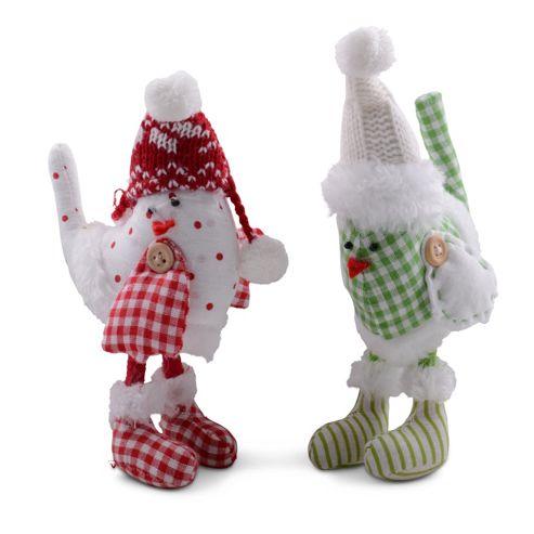 Image of Set Of Two Standing Fabric Birds With Knitted Hats & Fluffy Detail