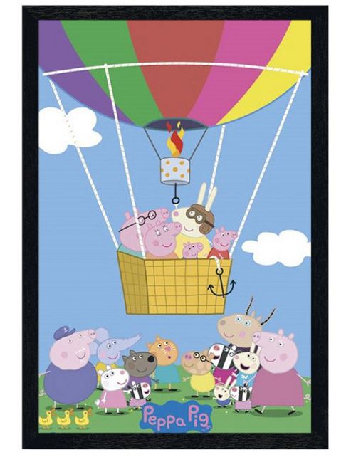 Image of Peppa Pig Black Wooden Framed Hot Air Balloon Adventure Poster