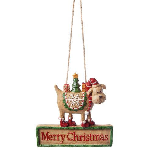 Image of Hanging 'merry Christmas' Festive Dog Sign Decoration With Christmas Tree