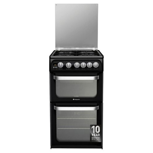 Image of Hotpoint Hug52k, Ultima, Freestanding, Gas Cooker, 50cm, Black, Twin Cavity, Double Oven