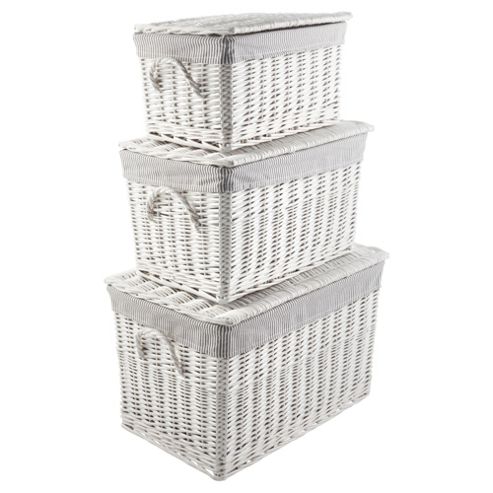 Image of Tesco Wicker Lidded Trunks Pack Of 3, Grey Stripe Fabric Lined, White