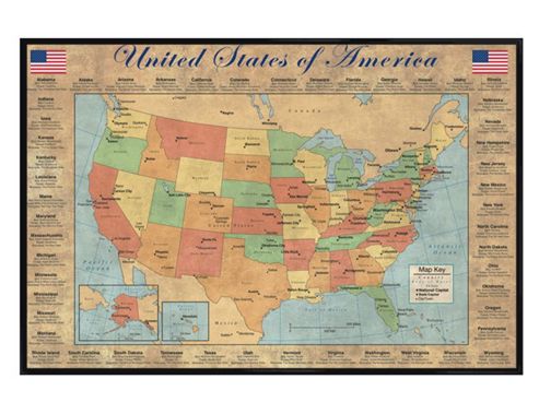 Image of United States Of America Map Gloss Black Framed The 50 States Of America Poster