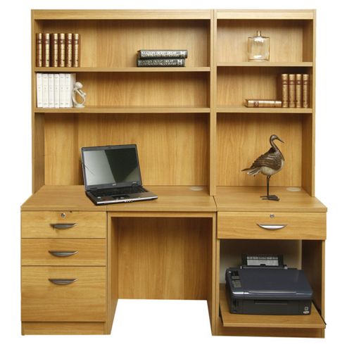 Image of Enduro Home Office Desk / Workstation With Pedestal, Printer Storage And Inbuilt Bookshelves - Beech