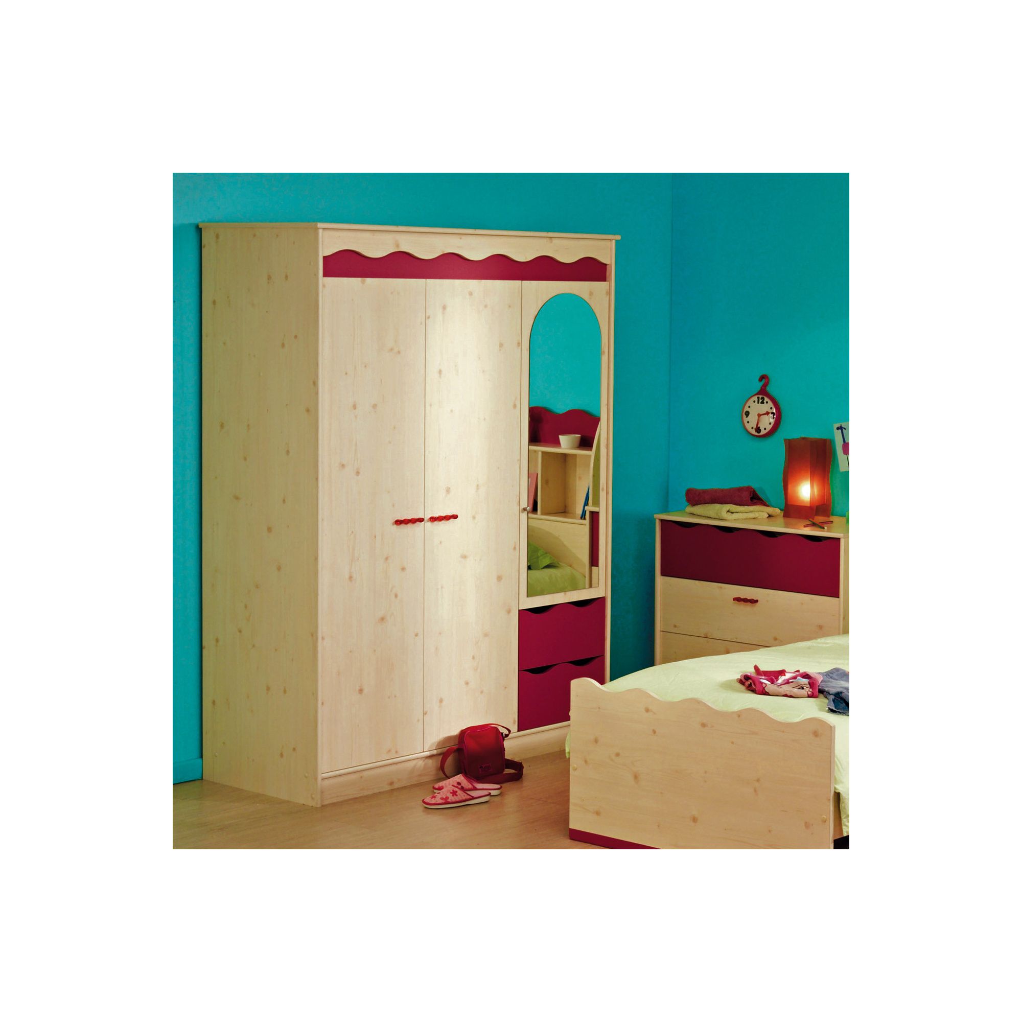 Parisot Lolita Three Door Wardrobe in White Stained Pine / Raspberry at Tesco Direct