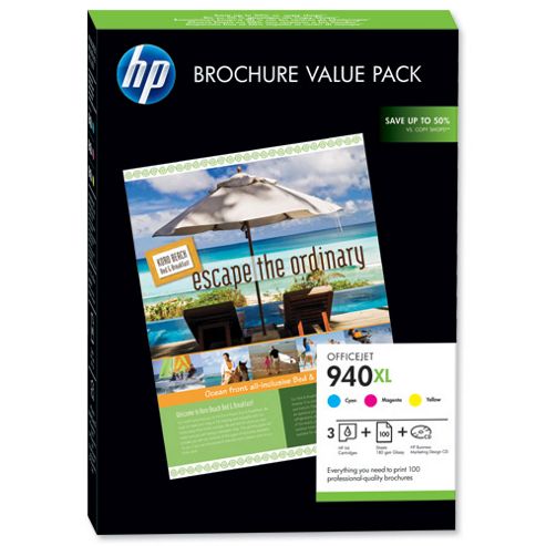 Image of Hp 940xl Officejet Brochure Value Pack (includes Ink, Glossy Paper And Templates) - 100 Sheets 210 X 297mm