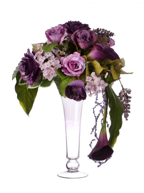 Image of Artificial 60cm Purple Rose, 'real Touch' Purple Calla Lily And Mixed Foliage Display In A Tall Tapered Glass Vase