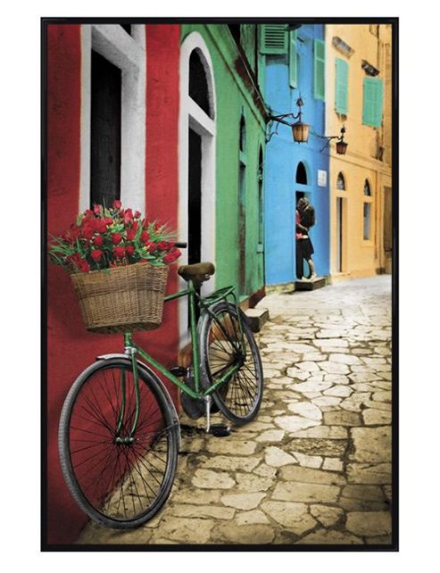 Image of Bike With Flowers Gloss Black Framed Romantic Alleyway Poster