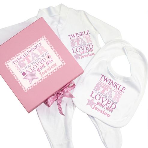 Image of Personalised Twinkle Girls Pink Gift Set - Babygrow & Bib